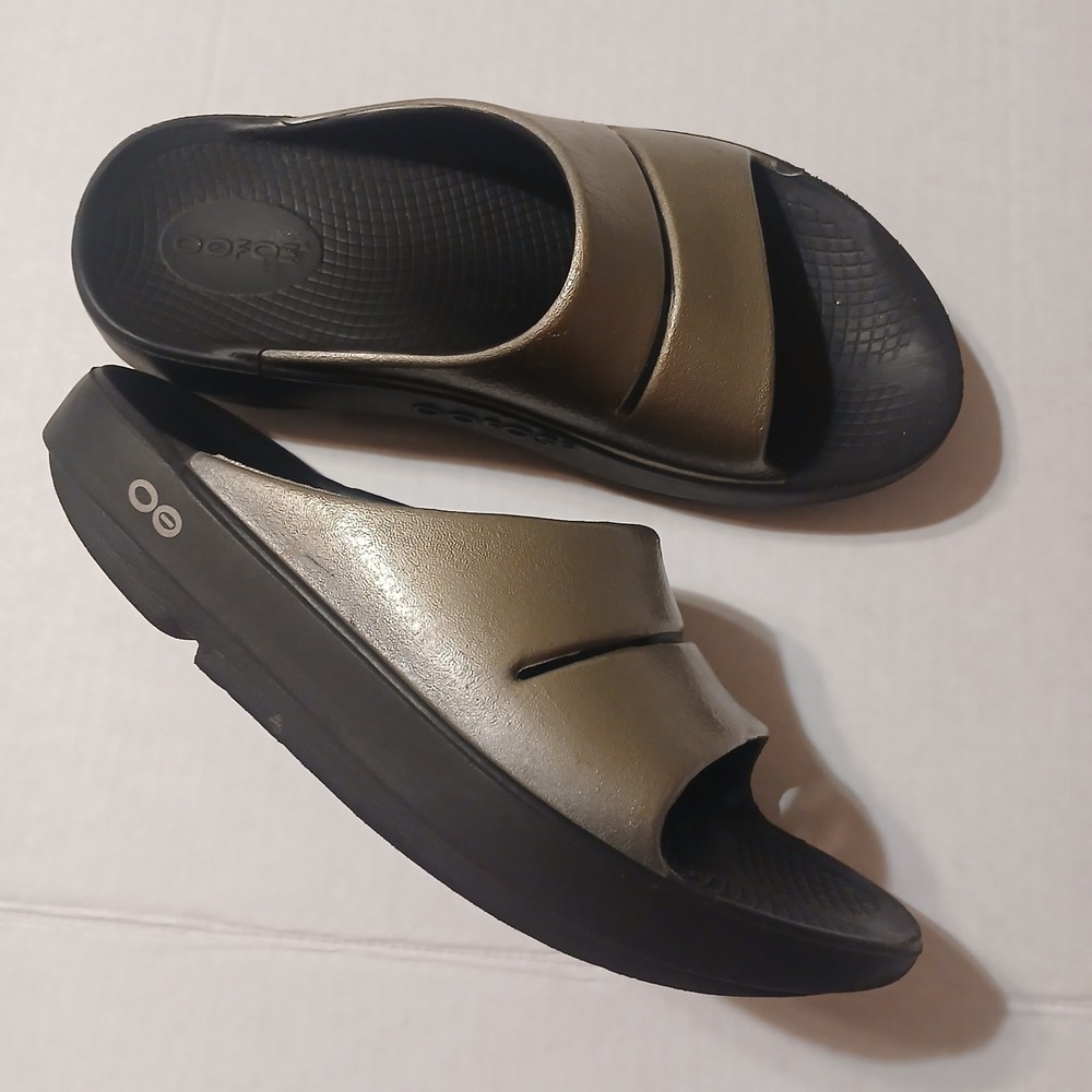 Oofos OOahh Luxe Latte Slides Women 7 EU 38 Metallic Copper Sandal Slip On